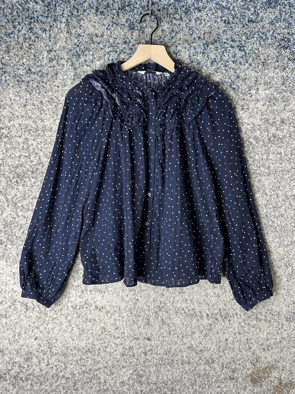 & Other Stories Blouse Womens 6 Blue Polka Dot High Neck Long Sleeve Top